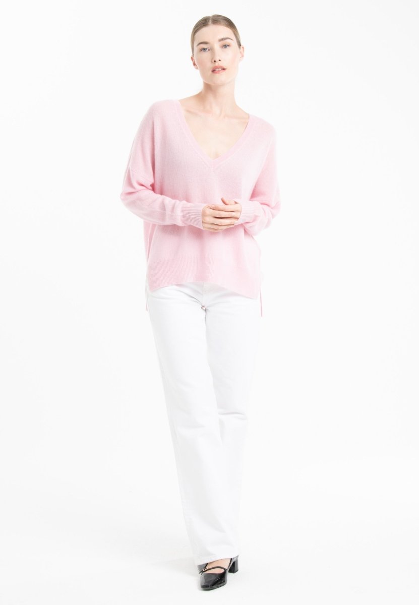 Pull col V cachemire rose baby/rose indien femme - NAMI 23-4